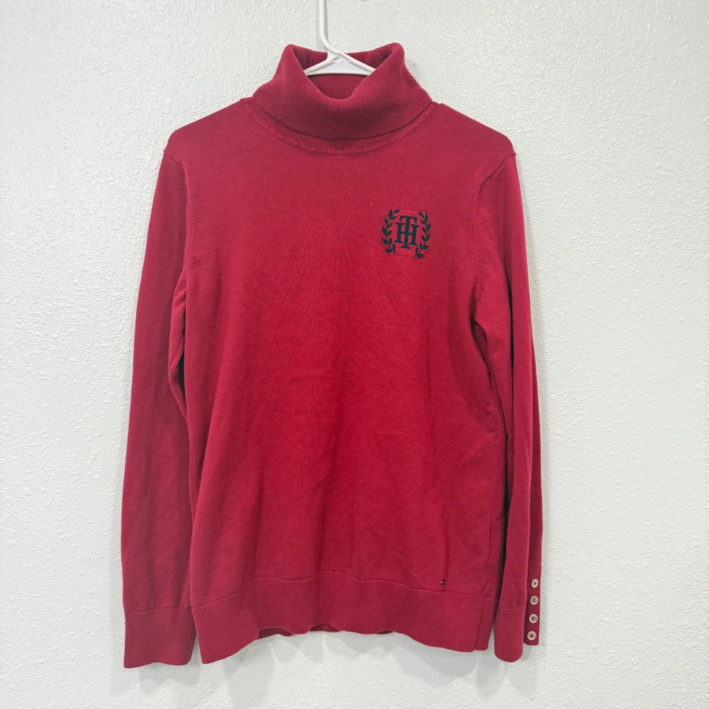 Tommy Hilfiger Red Turtleneck Sweater Womens Medium Crest Logo Button Cuff Knit